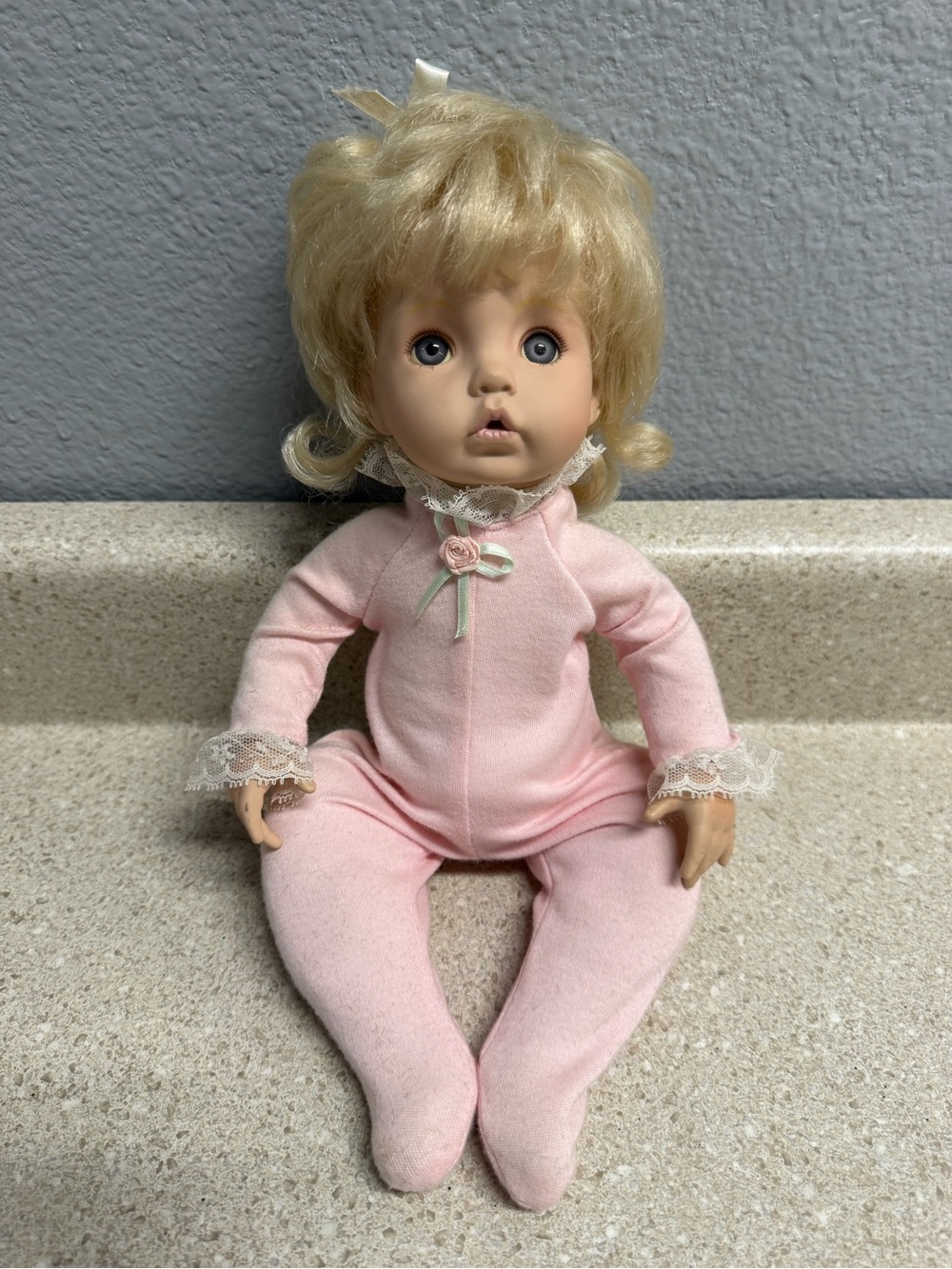 Vintage Ashton Drake 13” Blonde Baby Doll in Pink Lace Outfit Realistic Eyes